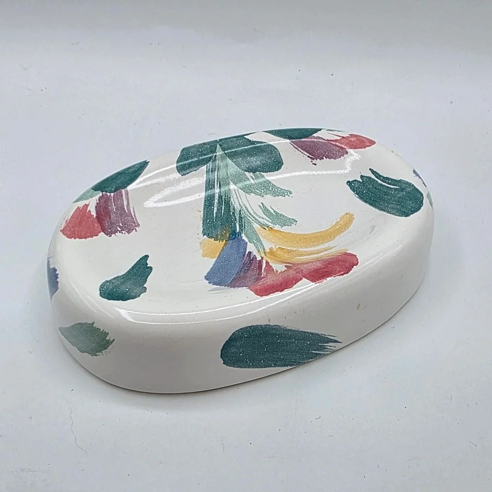 Vintage Hand Painted Ceramic Soap Dish Abstract Floral Oval Artisanal